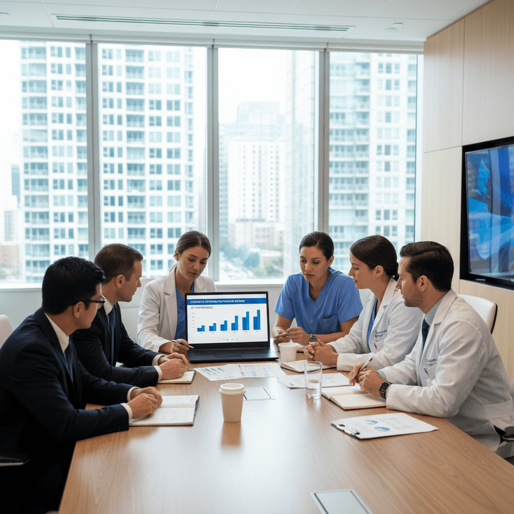 Healthcare and business professionals in a meeting discussing staffing contracts.