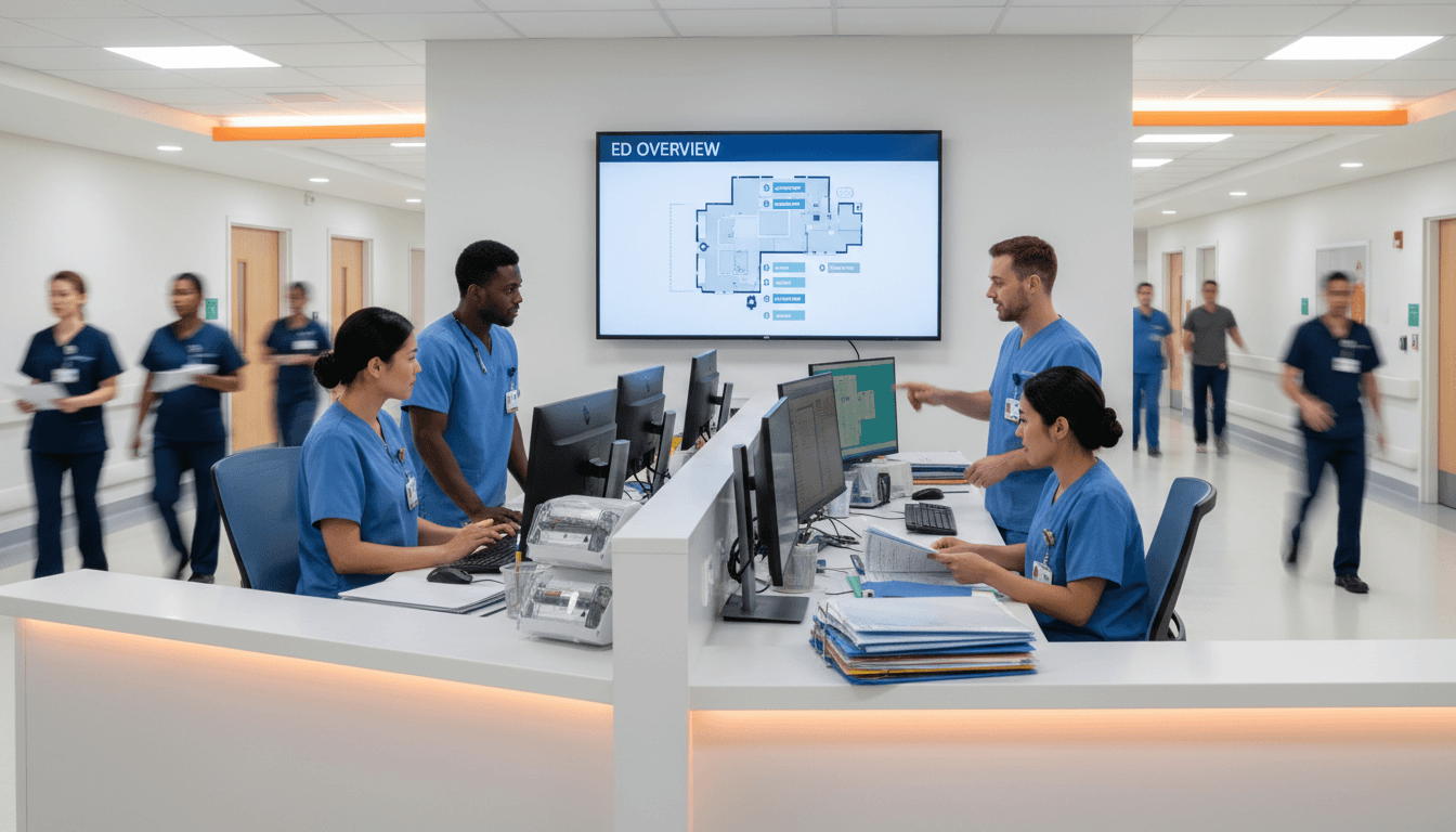 Healthcare team at busy emergency department nurse station reviewing patient charts and monitoring systems