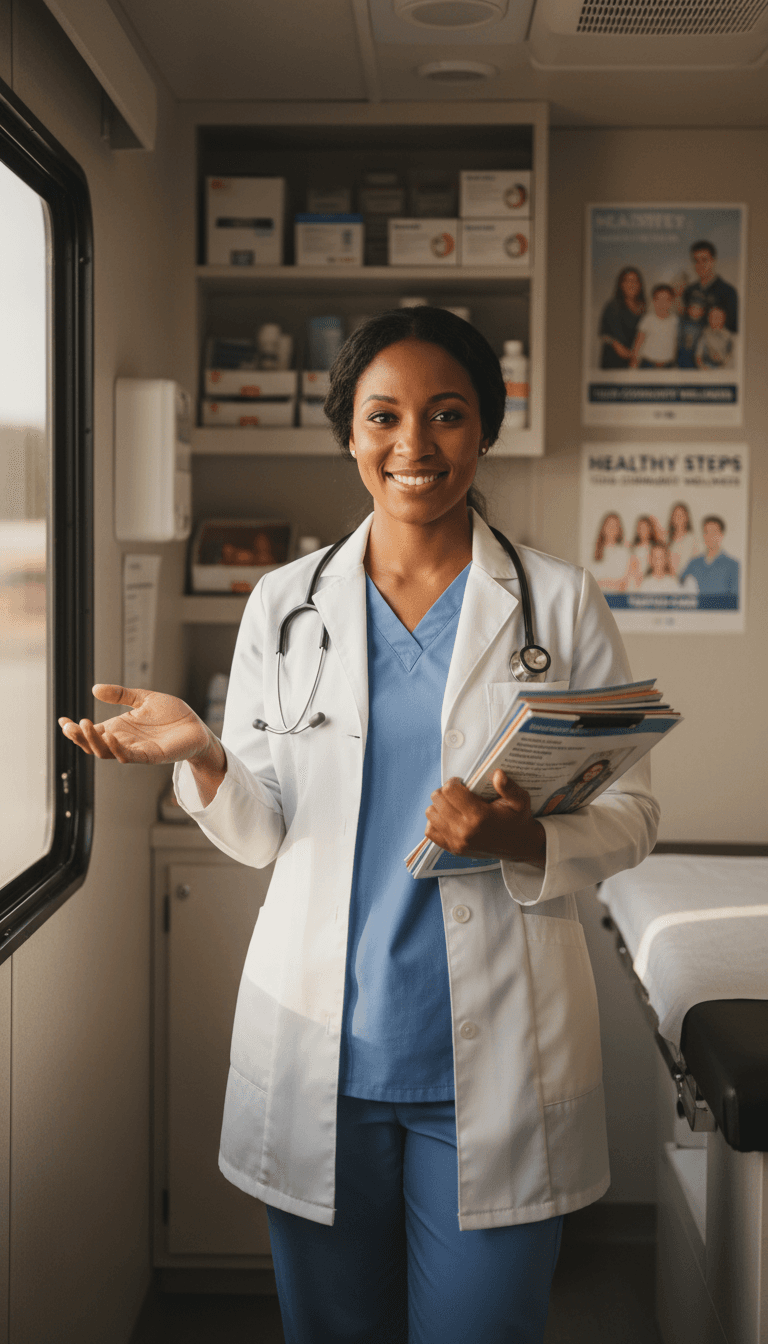 Community health worker portrait standing confidently in clinic holding educational materials and stethoscope