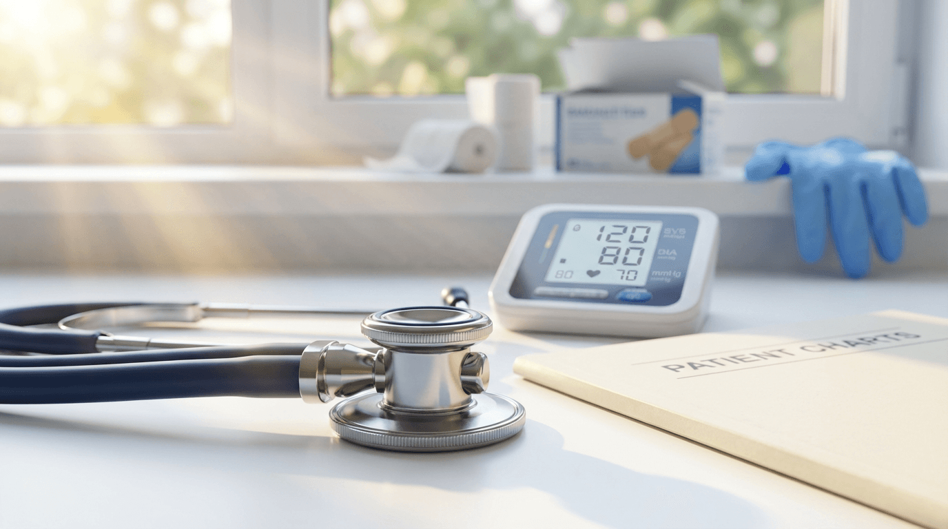 Nurse reviewing patient records at nursing station