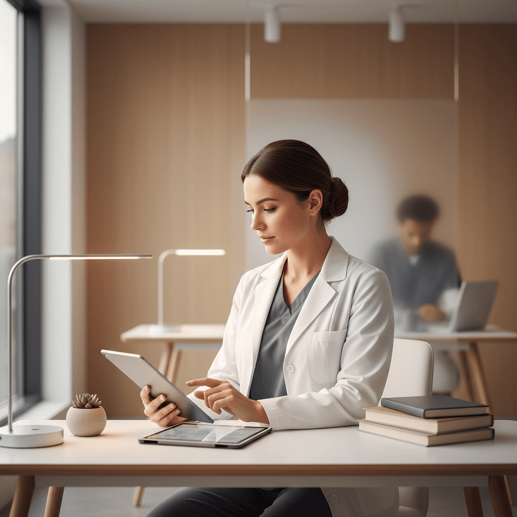 Healthcare professional in scrubs reviewing digital patient records on tablet at organized workspace desk with natural lighting